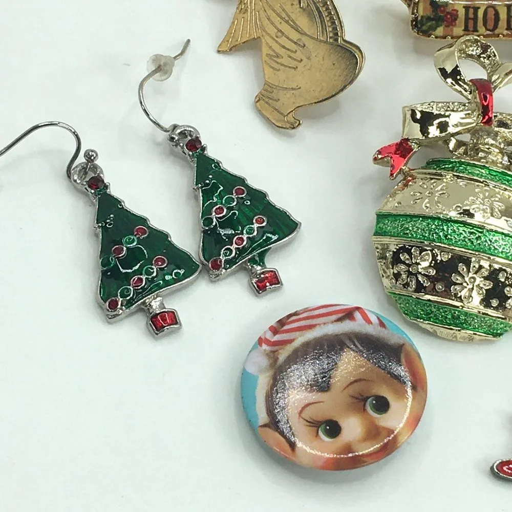 Christmas Holiday Pins Earrings Trees Santa Snowman